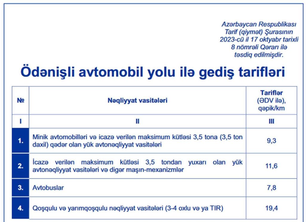 Ödənişli avtomobil yolunda ödəmə məntəqələri və qiymət cədvəli açıqlanıb
