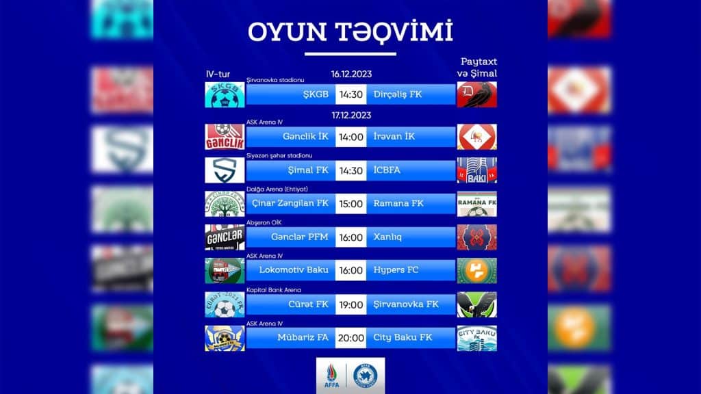 AFFA Region Liqası Paytaxt və Şimal zonasında həftəsonu keçiriləcək 4-cü tur oyunlarının təqvimini açıqlayıb