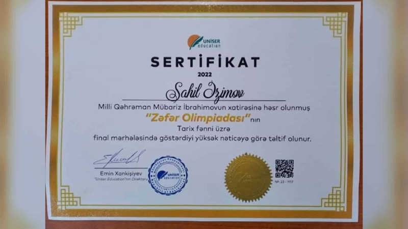 İsmayıllı: tarix müəllimi Zəfər Olimpiadasında mükafatlar qazanıb