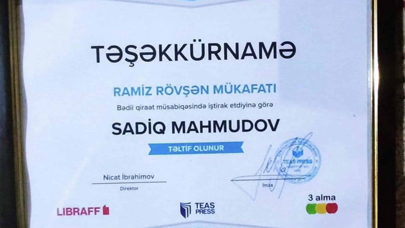 Qubalı məktəbli bədii qiraət müsabiqəsinin qalibi olub