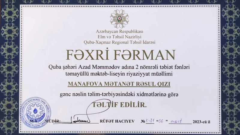 Quba: riyaziyyat müəllimi Fəxri Fərmanla mükafatlandırılıb