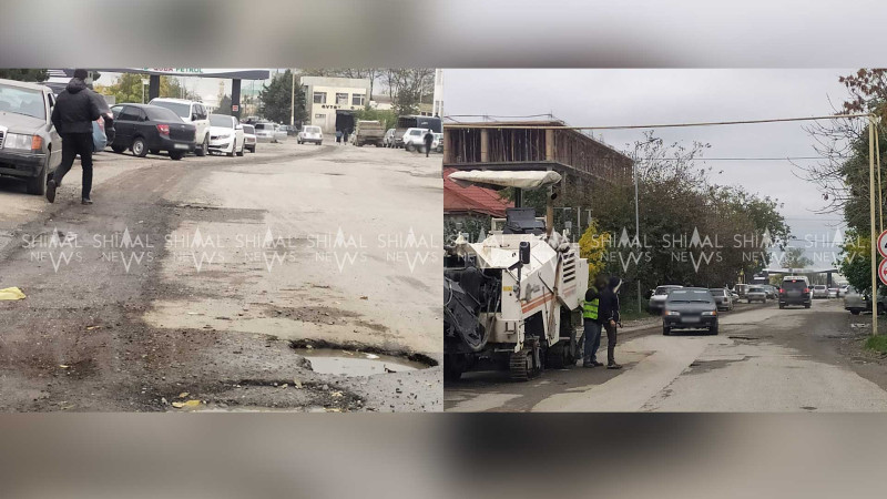 Qubada çala-çuxur yol təmir edilir
