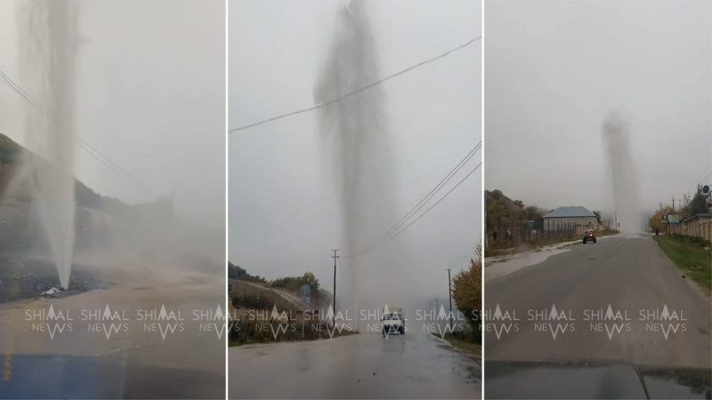 Qubada partlayan su borusu nəhəng fəvarə yaradıb