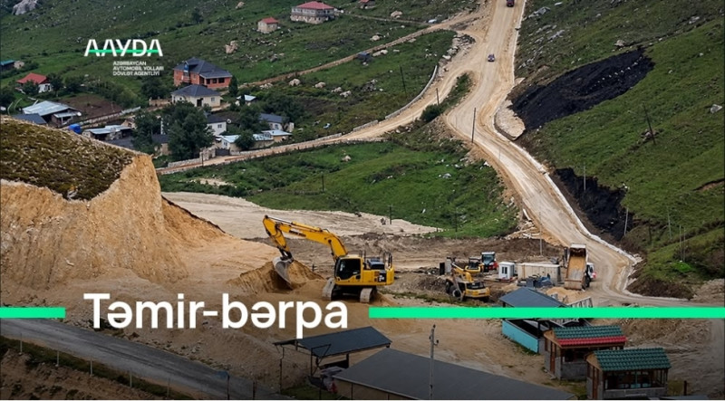 Qusarda selin dağıtdığı yolda bərpa işləri aparılır