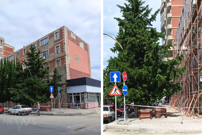 Xaçmazda fasadı uçan bina təmir edilir
