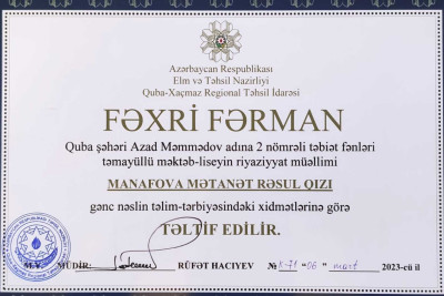 Quba: riyaziyyat müəllimi Fəxri Fərmanla mükafatlandırılıb