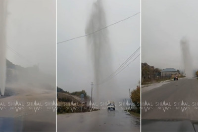 Qubada partlayan su borusu nəhəng fəvarə yaradıb