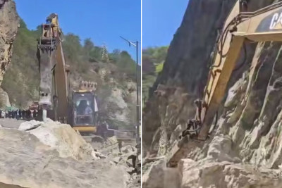 AAYDA: Qubada qaya parçaları yoldan kənarlaşdırılır - VİDEO